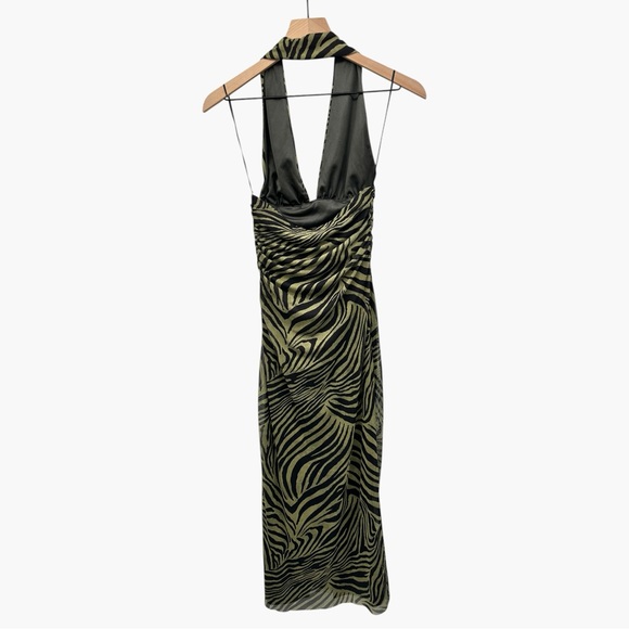 Zara Printed Tulle Halter Dress Green Black Midi - Picture 5 of 8
